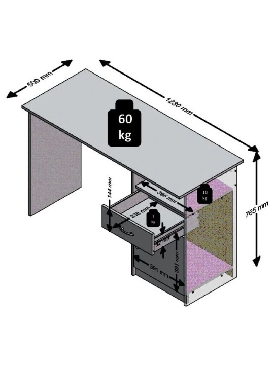 Fmd kirjutuslaud 1 sahtliga, 123 x 50 x 76,5 cm, betoonhall ja valge