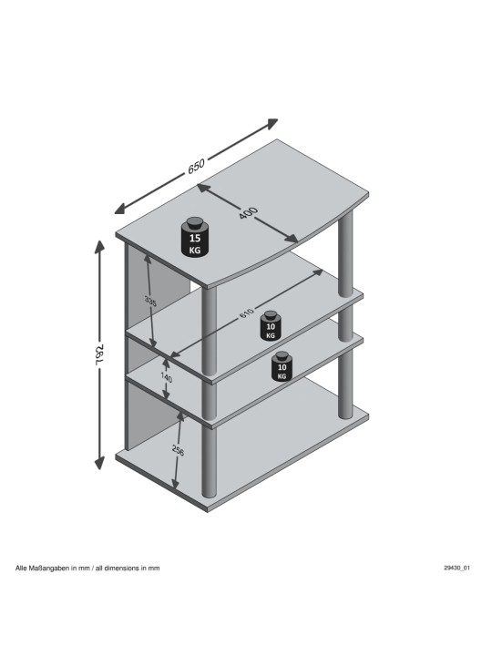 Fmd teler/hi-fi riiul, 3 kambriga, 65 x 40 x 79,2 cm, tammepuit