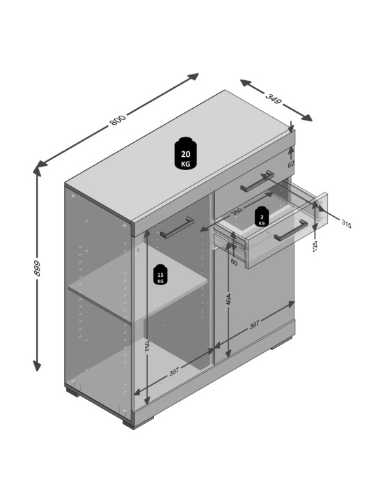 Fmd kummut 2 ukse ja 2 sahtliga 80 x 34,9 x 89,9 cm, betoon ja valge