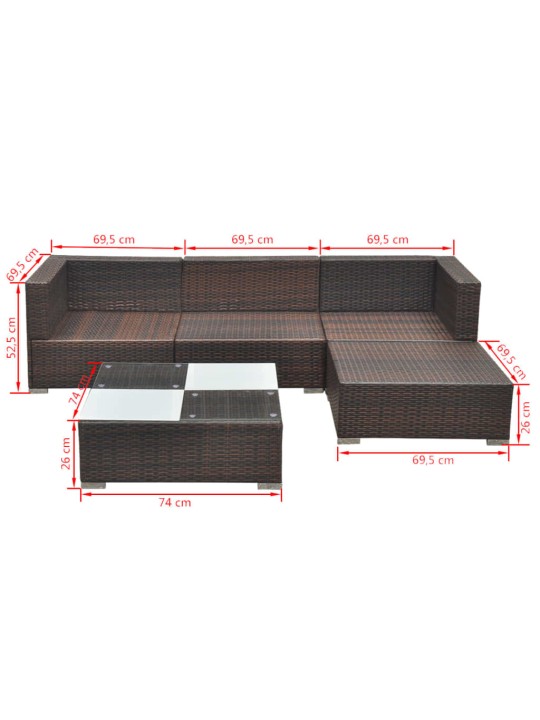 5-osaline aiamööblikomplekt patjadega, polürotang, pruun