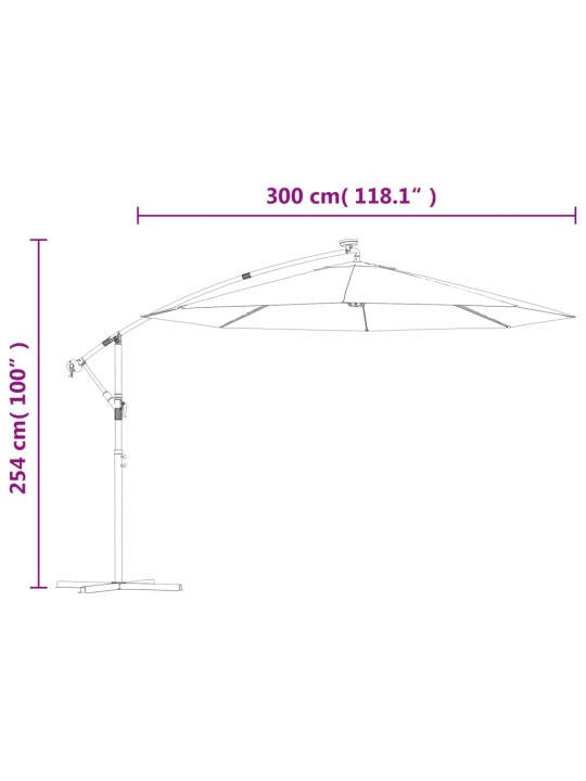 Rippuv päikesevari LED-tuledega 300 cm metallist postiga, beež