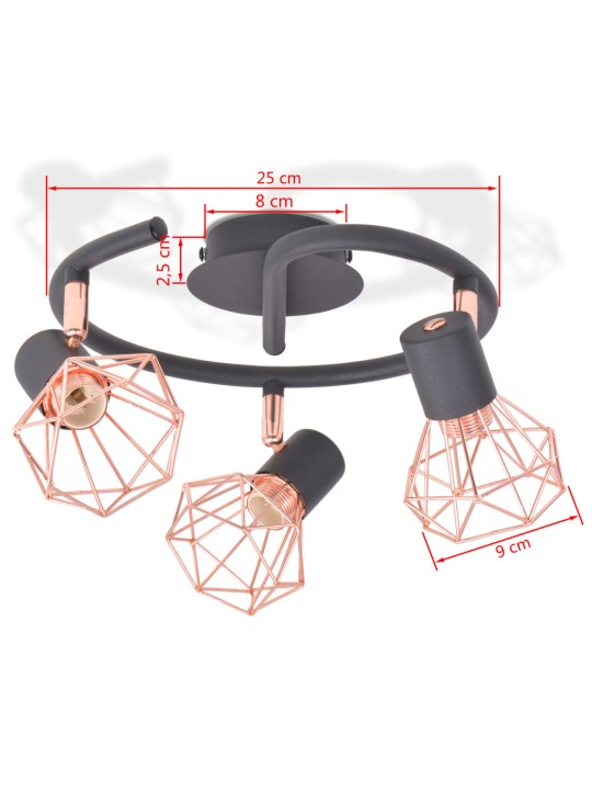 Laelamp 3 punktvalgustiga e14, must ja vaskne