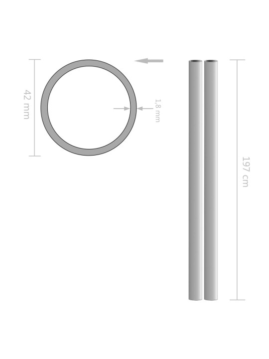 2 tk roostevabast terasest torud, ümar, v2a 2 m ø42 x 1,8 mm