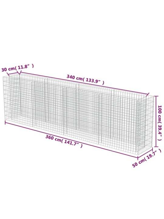 Gabioon-taimelava, tsingitud teras, 360 x 50 x 100 cm