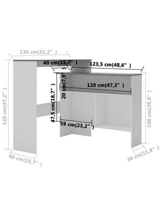 Baarilaud 2 lauaplaadiga, valge ja hall, 130 x 40 x 120 cm