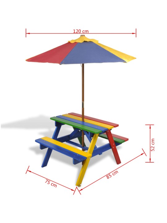Laste piknikulaud pinkide ja päevavarjuga, mitmevärviline