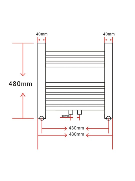 Keskkütteradiaator/käterätikuivati vannituppa, kumer 480 x 480 mm, külgmise ja keskmise ühendusega