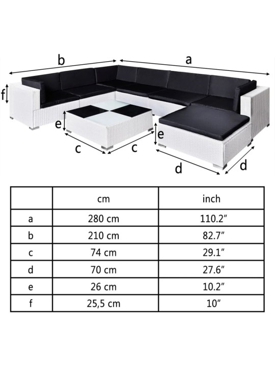 8-osaline aiamööblikomplekt patjadega, polürotang, valge