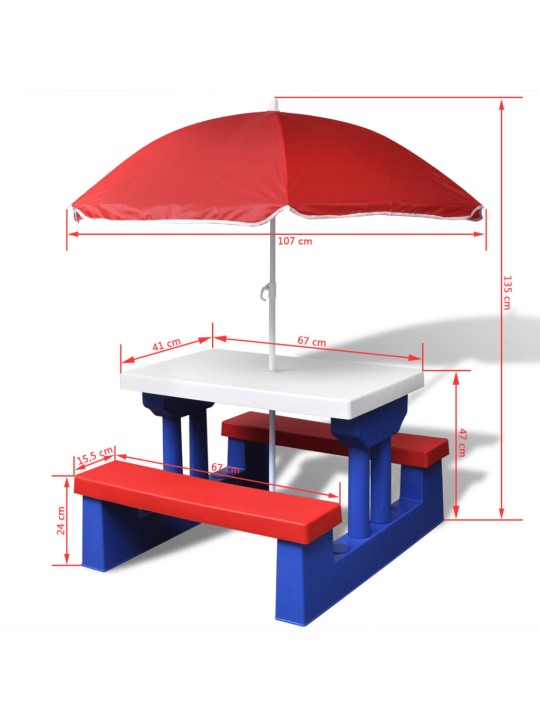 Laste piknikulaud pinkide ja päevavarjuga, mitmevärviline