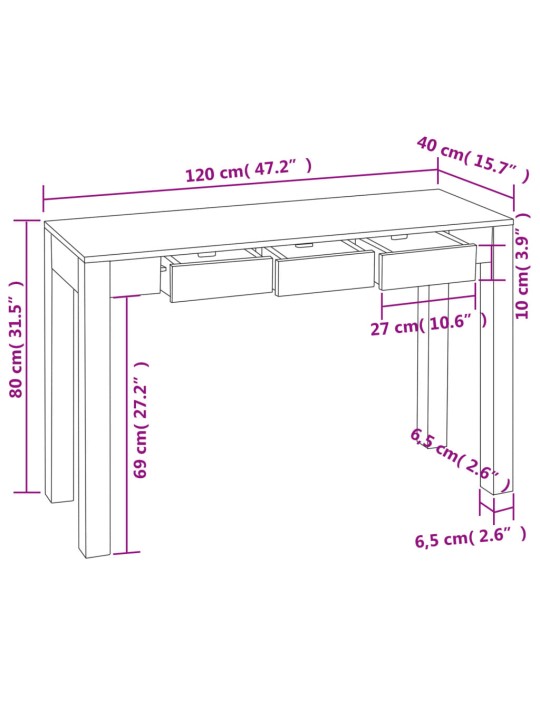 3 sahtliga konsoollaud, 80 cm, india roosipuust