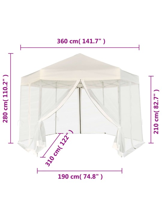 Kuusnurkne külgseintega pop-up peotelk, kreemjas, 3,6 x 3,1 m