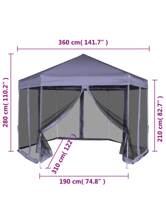 Kuusnurkne pop-up 6 külgseinaga peotelk, hall, 3,6 x 3,1 m