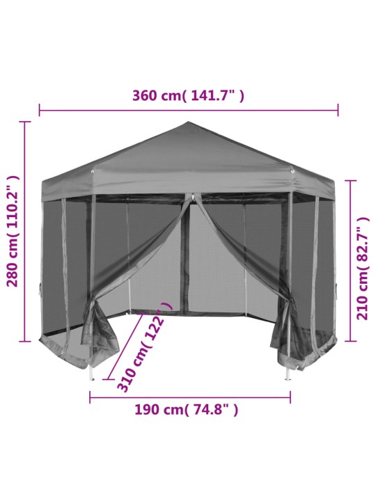 Kuusnurkne pop-up 6 külgseinaga peotelk hall 3,6 x 3,1 m