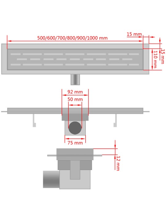 Duši äravoolusüsteem laineline 530 x 140mm roostevaba teras