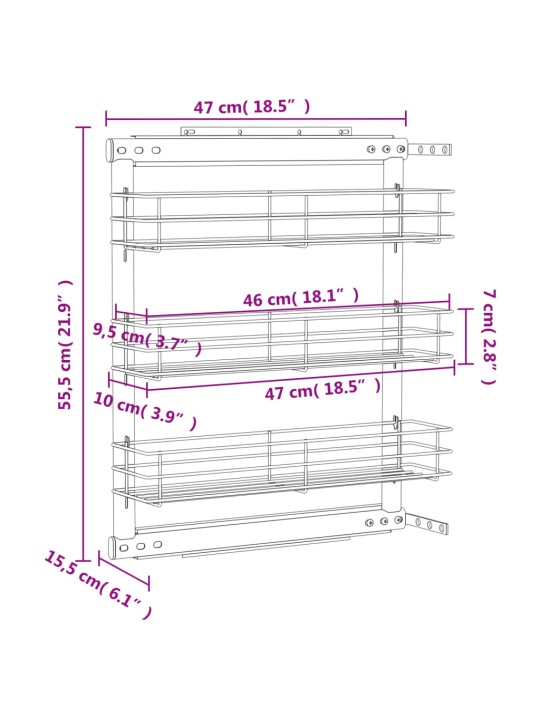 3 riiuliga väljatõmmatav traatkorv hõbedane 47x15,5x55,5 cm