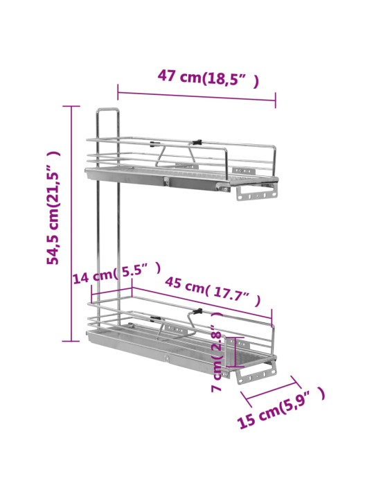 2 riiuliga väljatõmmatav köögi traatkorv hõbedane 47x15x54,5 cm