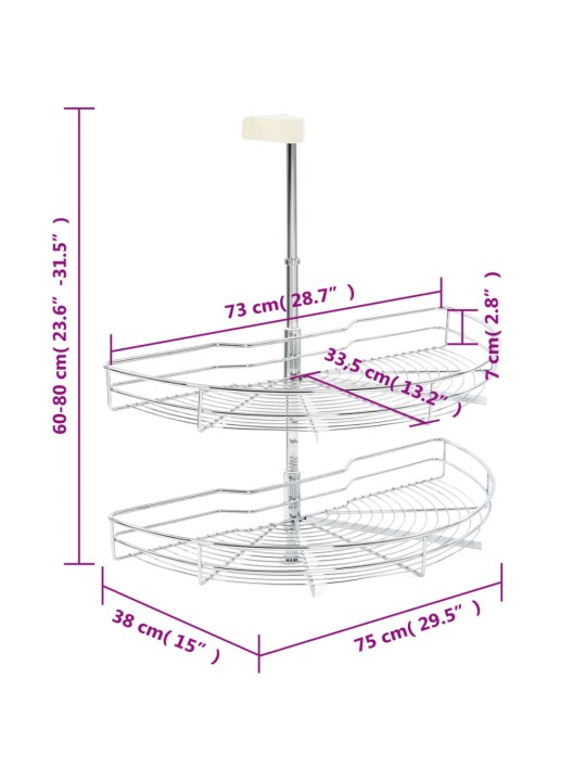2 riiuliga köögi traatkorv hõbedane 180 kraadi 75 x 38 x 80 cm
