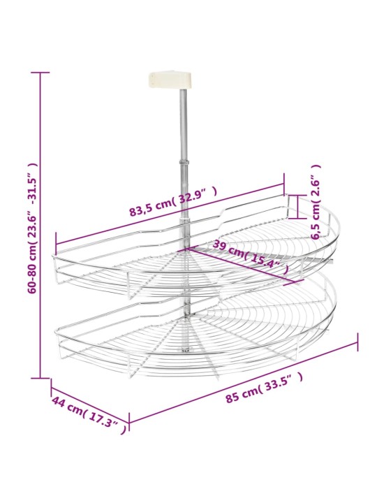 2 riiuliga köögi traatkorv hõbedane 180 kraadi 85 x 44 x 80 cm