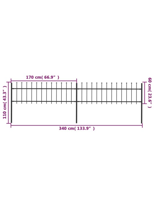 Terava otsaga aed, terasest, 3,4 x 0,6 m, must