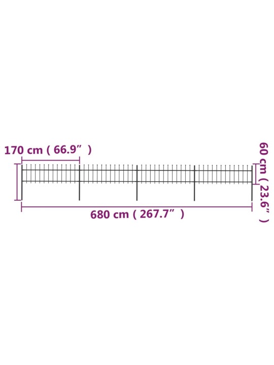 Terava otsaga aed, terasest, 6,8 x 0,6 m, must