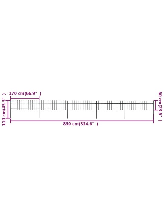 Terava otsaga aed, terasest, 8,5 x 0,6 m, must