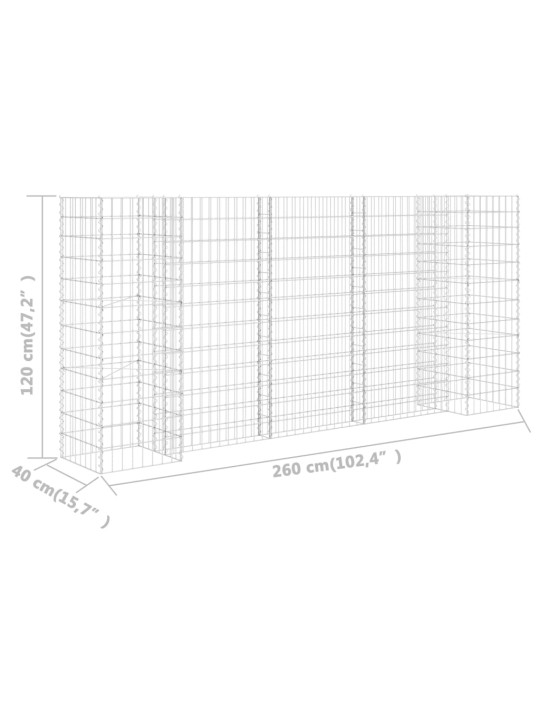 H-kujuline gabioon-taimekast, terastraat, 260 x 40 x 120 cm