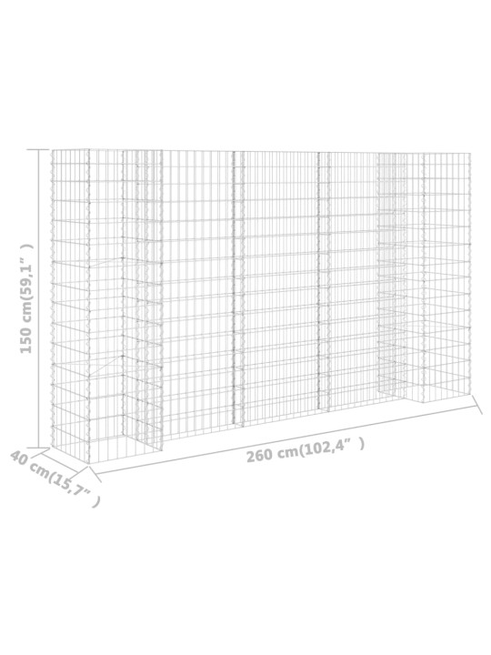 H-kujuline gabioon-taimekast, terastraat, 260 x 40 x 150 cm