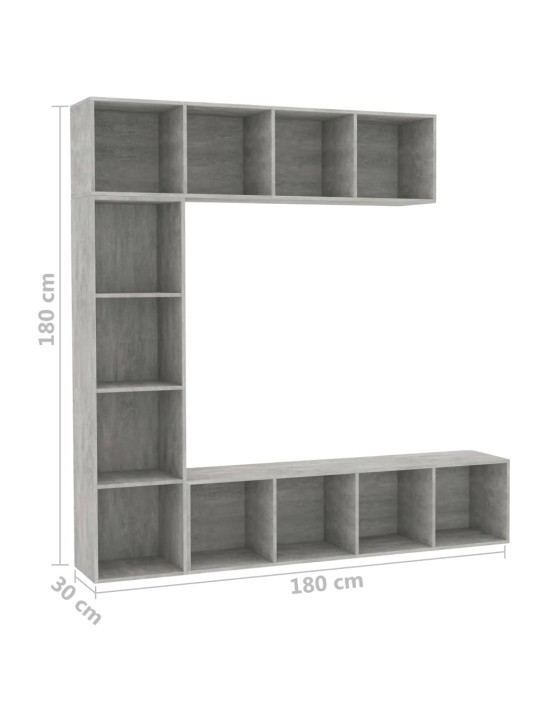 3-osaline raamatu-/telerikapp, betoonhall, 180 x 30 x 180 cm