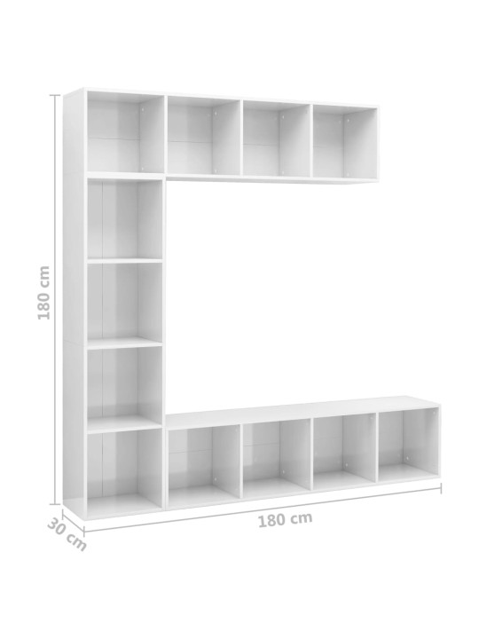 3-osaline raamatu-/telerikapp kõrgläikega valge 180x30x180 cm