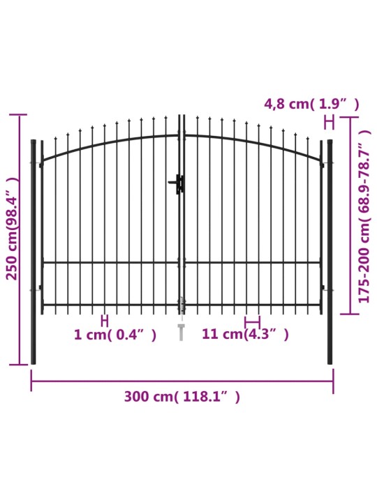 Kahepoolne aiavärav nooleotstega, teras, 3 x 2 m, must