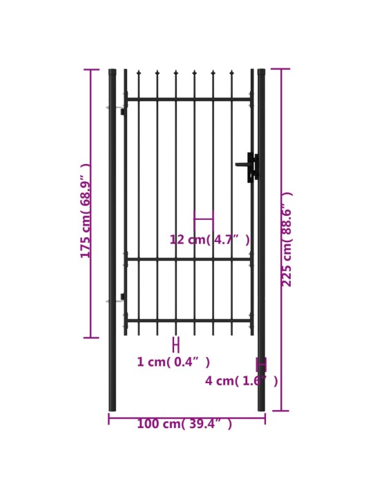Ühepoolne aiavärav vaiadega, teras, 1 x 1,75 m, must