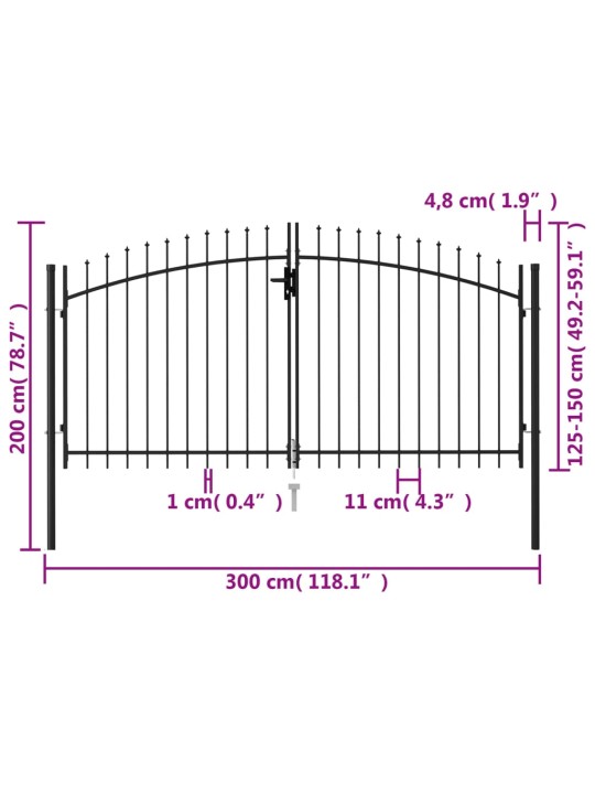 Kahepoolne aiavärav vaiadega, teras, 3 x 1,5 m, must