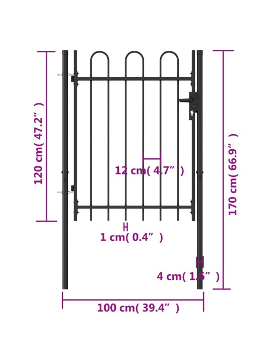 Ühepoolne aiavärav, kumer, teras, 1 x 1,2 m, must