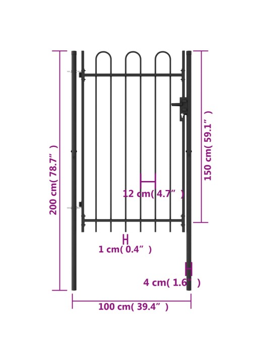 Ühepoolne aiavärav kumer, teras, 1 x 1,5 m, must