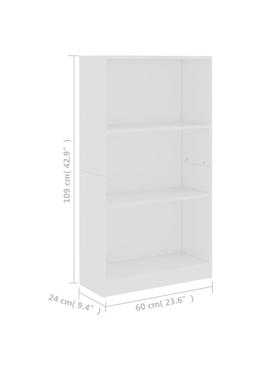 3-korruseline raamaturiiul valge 60x24x108 cm tehispuit