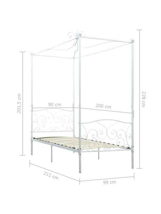 Baldahhiiniga voodiraam, valge, metall, 90 x 200 cm