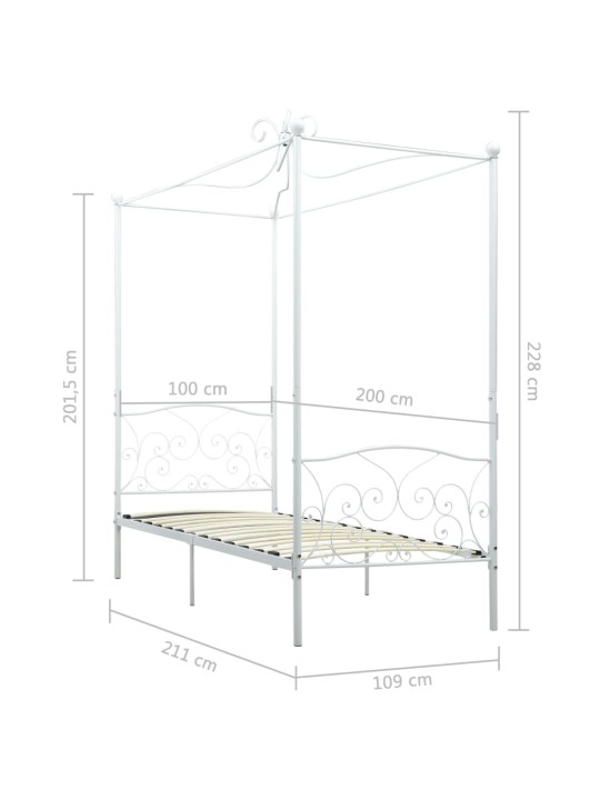 Baldahhiiniga voodiraam, valge, metall, 100 x 200 cm