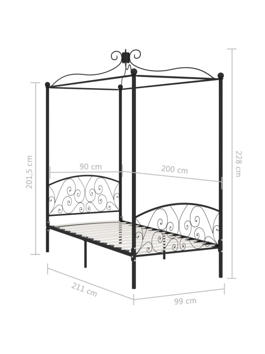 Baldahhiiniga voodiraam, must, metall, 90 x 200 cm