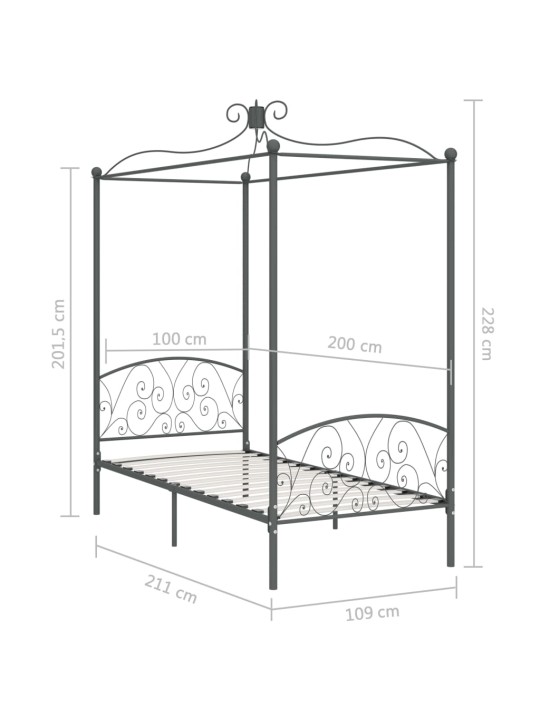 Baldahhiiniga voodiraam, hall, metall, 100 x 200 cm