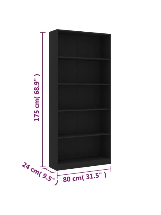 5-korruseline raamaturiiul must 80x24x175 cm, puitlaastplaat