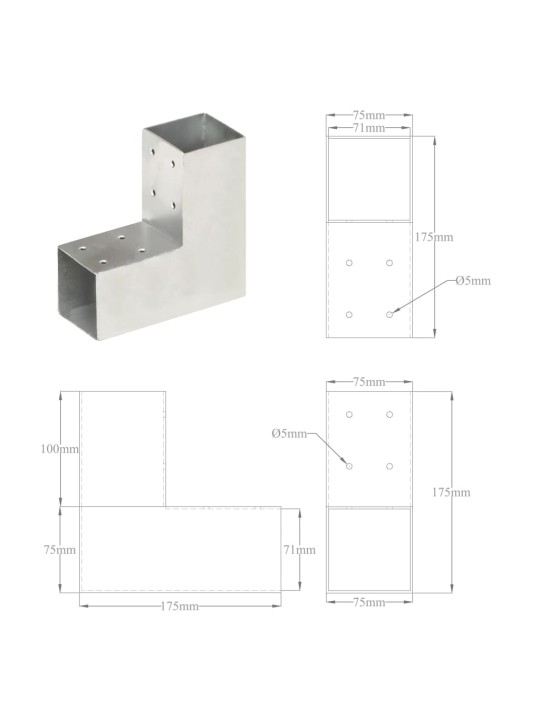 Postiühendus l-kujuline, tsingitud metall, 71 x 71 mm