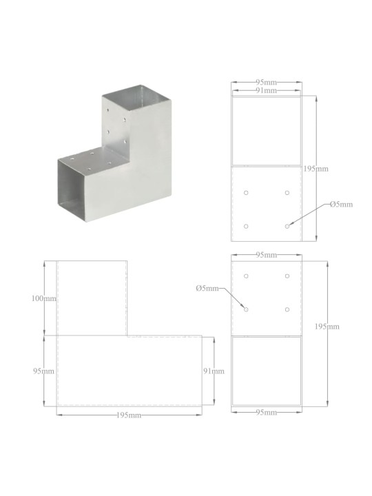 Postiühendus L-kujuline, tsingitud metall, 91 x 91 mm