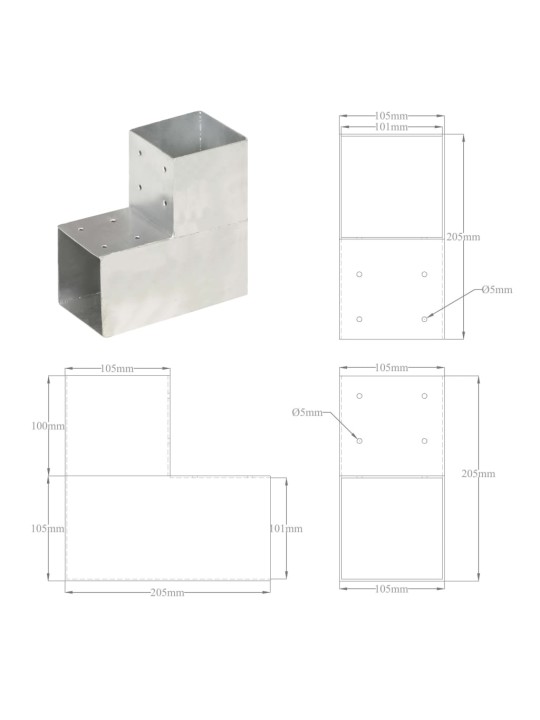 Postiühendus L-kujuline, tsingitud metall, 101 x 101 mm