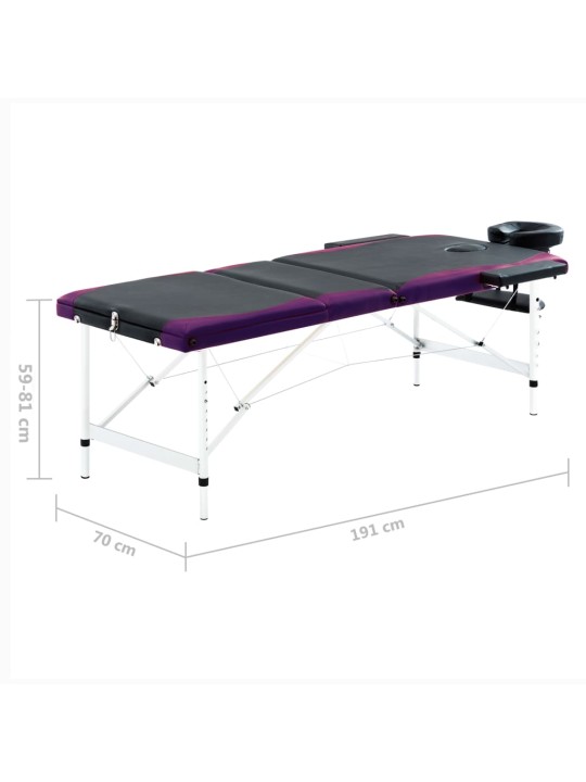 3 tsooniga kokkupandav massaažilaud, alumiinium, must ja lilla