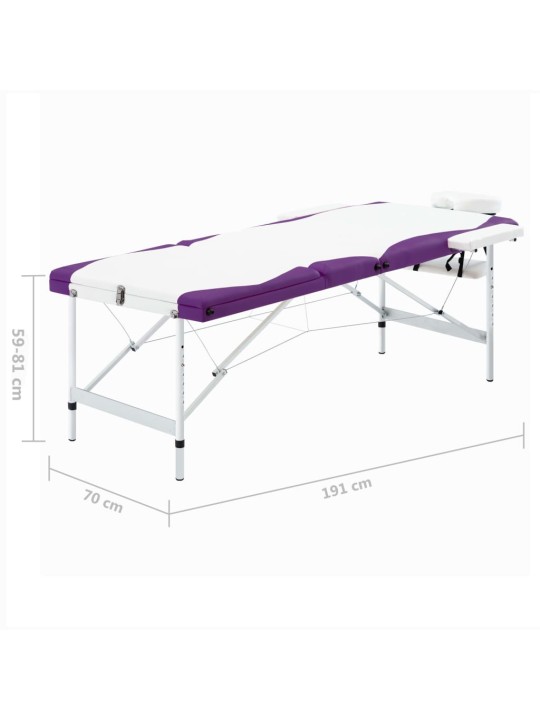 3 tsooniga kokkupandav massaažilaud, alumiinium, valge ja lilla