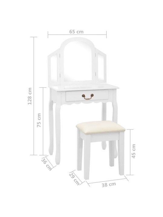 Tualettlaud taburetiga, valge 65x36x128 cm, paulownia puit, mdf