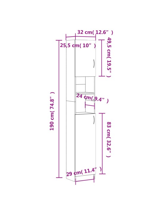 Vannitoakapp valge 32x25,5x190 cm puitlaastplaat