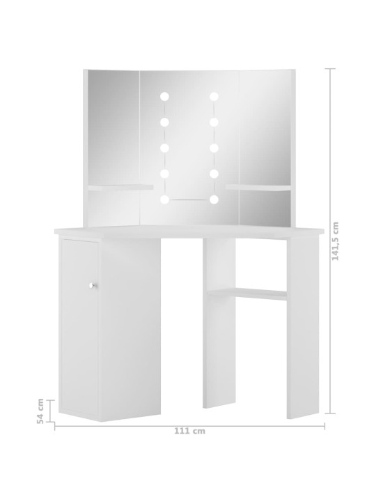 Nurga tualettlaud LED-tulega, valge