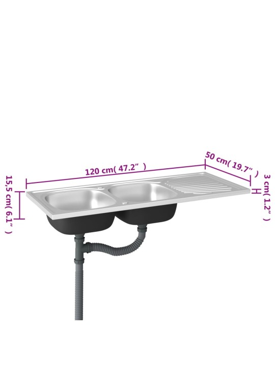 Valamu kahe kraanikausiga hõbe 1200x500x155 mm roostevaba teras