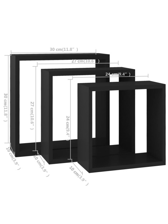 Kuubikukujulised riiulid, 3 tk, must, mdf